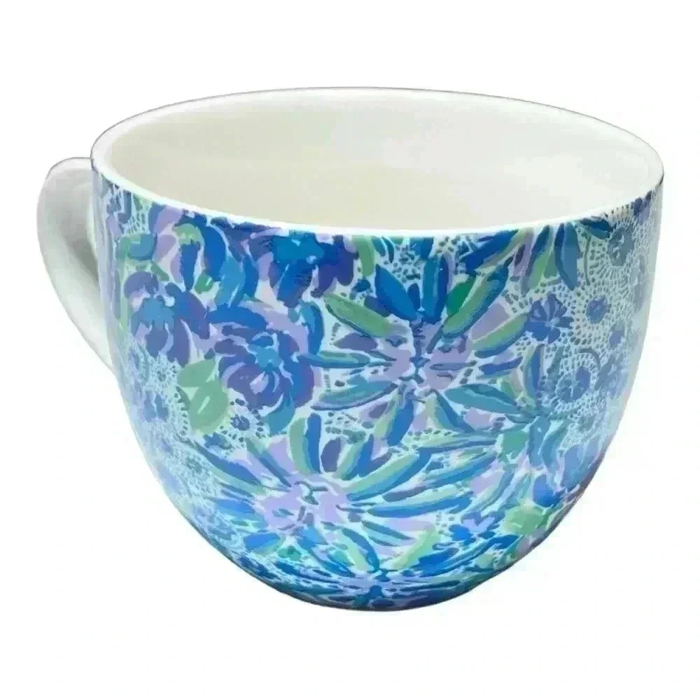 Lilly Pulitzer Ceramic 12oz Preowned Mug Blue,Green and Purple  Bronze Handle
